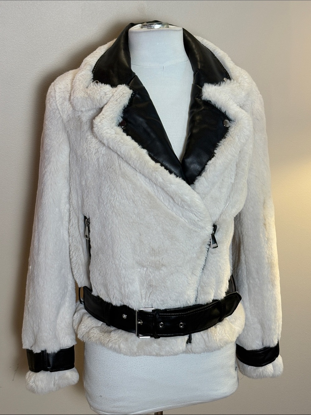 Express White Teddy Moto Jacket with Black Trim